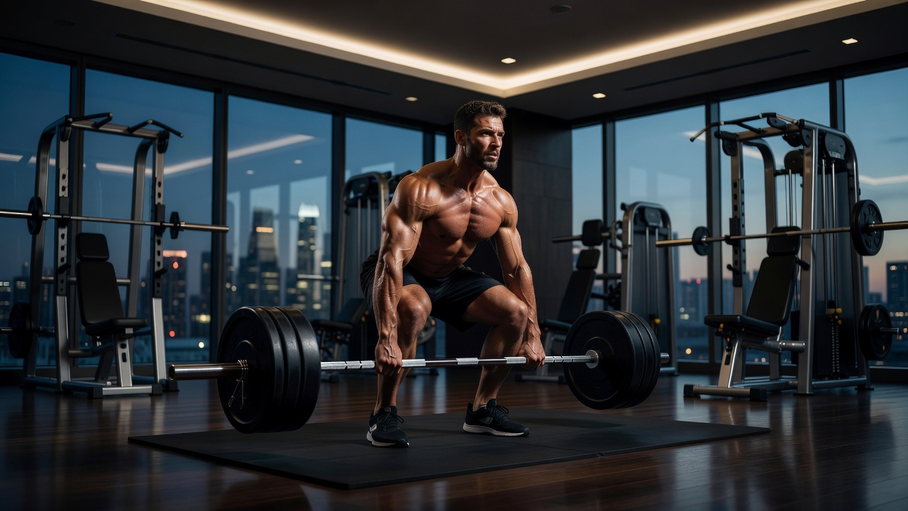 Athletic male athlete executing heavy strength training in executive gym