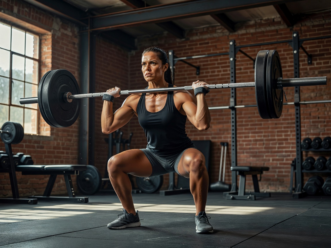 Female athlete executing barbell squats with precision mechanics